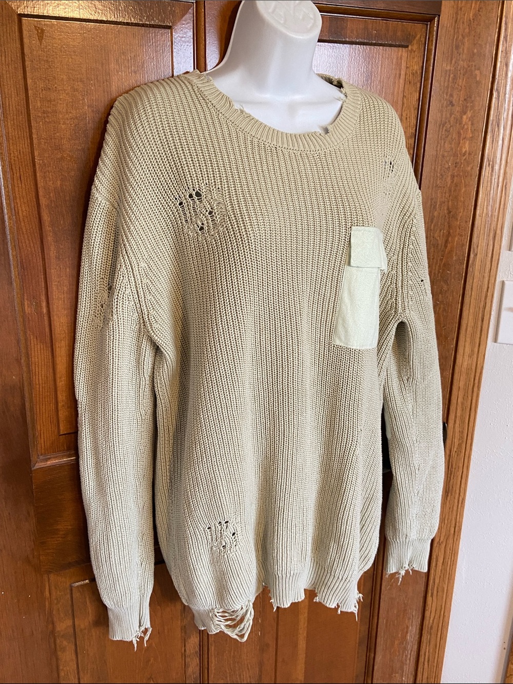 SER O YA Unisex Devin distressed sweater pale green pullover Cotton knit Large - Picture 3 of 10